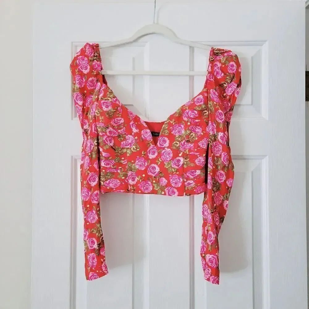 Zara Red Pink Floral Cropped Blouse
